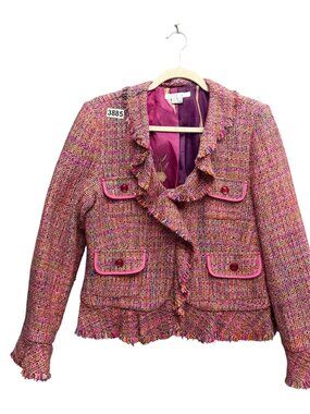 I C E Jacket Fringed Trim Ruffle Collar Tweed Women 12 Lined Pink Purple